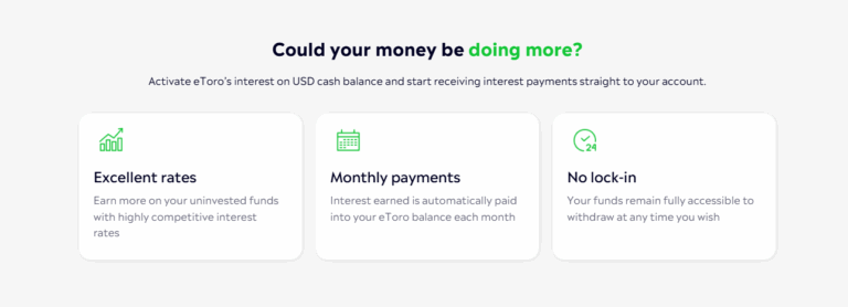 eToro benefits of USD interest feature with excellent rates monthly payments and no lock-in