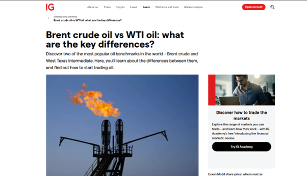 IG Academy article explaining Brent crude vs WTI oil key differences for traders
