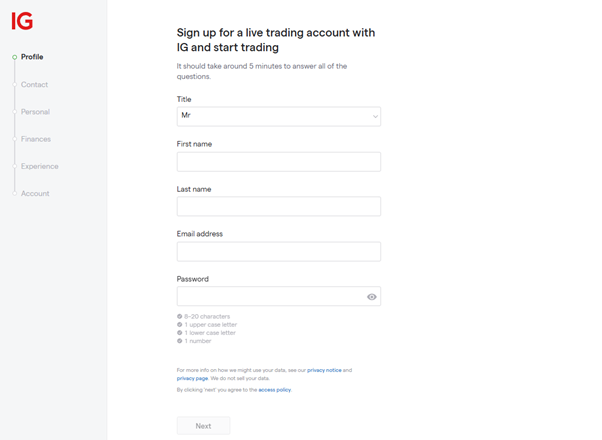 IG broker sign up form for new trading account registration with KYC process