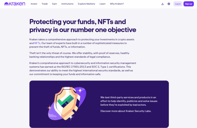 Kraken security features page highlighting proof of reserves, banking stability, and compliance certifications