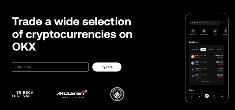 Screenshot of OKX cryptocurrency exchange homepage highlighting trading options and partnerships