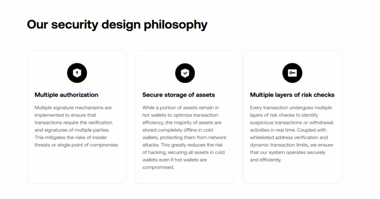 OKX security design philosophy showing multiple authorization, secure asset storage, and layered risk checks