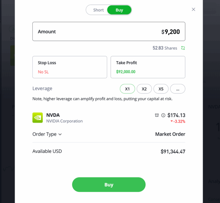 How to Day Trade on eToro 9 screenshot showing the trade order screen for etoro. Buying Nvidia shares