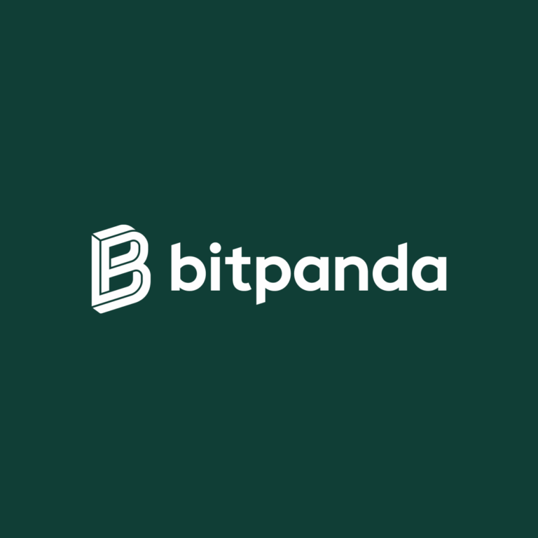 Bitpanda primary logo featuring platform name and logo on emeral green background