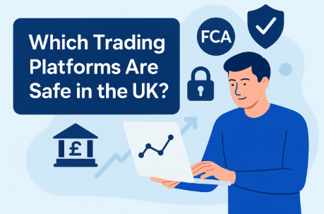 Illustration asking which trading platforms are safe in the UK with FCA regulation and security icons