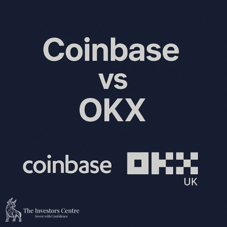 Dark navy background with white text 'Coinbase vs OKX' and both company logos underneath
