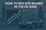Illustration of BYD electric car with UK landmarks, stock market chart, and pound symbol representing how to buy BYD shares in the UK in 2025