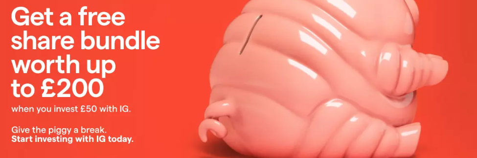 IG free share bundle offer worth up to £200 when investing £50 with piggy bank promotion