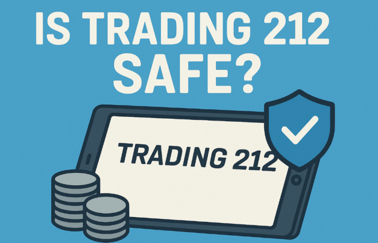 Illustration for the question ‘Is Trading 212 Safe?’ showing the Trading 212 logo on a tablet screen, a security shield with a checkmark, and stacked coins, symbolising safety and trust in the trading platform.