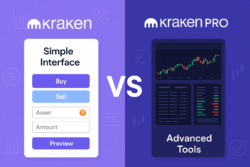 image showing the two different interfaces of kraken and kraken pro. With Both logos against a purple background.