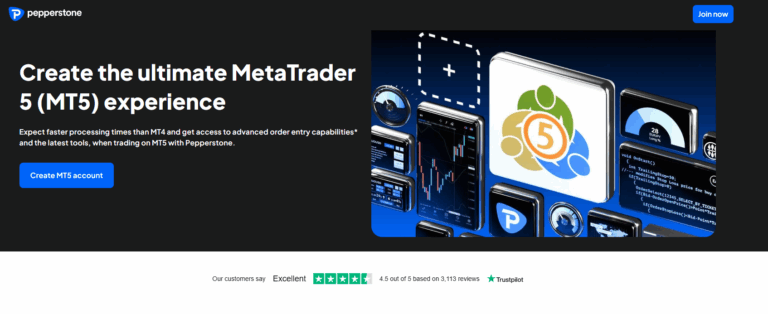 Pepperstone MetaTrader 5 platform with advanced trading tools and Trustpilot reviews