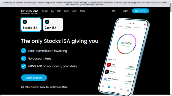 Screenshot of Trading 212's Stocks ISA page showcasing investment options, zero-commission investing, and account balance overview on a mobile device