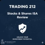 Blue background with white text 'Trading 212 Stocks and Shares ISA Review' and Trading 212 logo
