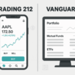 Side-by-side visual comparison of Trading 212’s modern trading app and Vanguard’s traditional investment dashboard, highlighting features like mobile trading and ETF options, designed for a blog post about choosing the best investment platform.