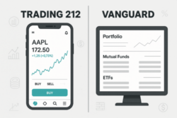 Side-by-side visual comparison of Trading 212’s modern trading app and Vanguard’s traditional investment dashboard, highlighting features like mobile trading and ETF options, designed for a blog post about choosing the best investment platform.