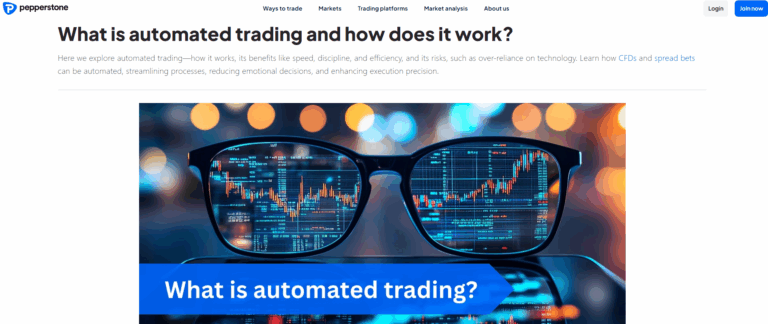 Pepperstone article on what is automated trading showing a graphic of stock charts reflected in glasses, symbolising algorithmic trading and technology in finance