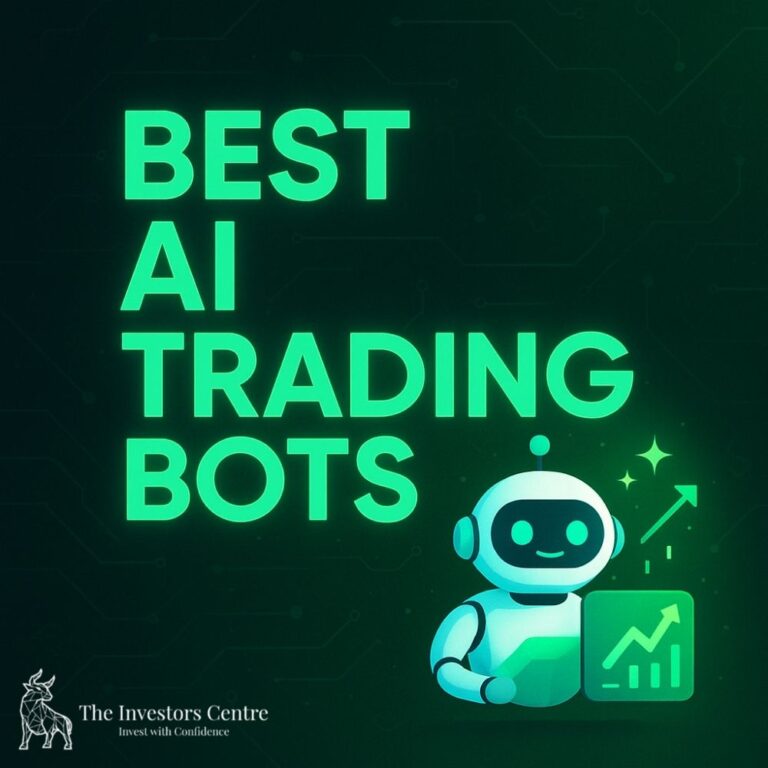 Futuristic green gradient with glowing text 'Best AI Trading Bots', AI robot holding rising chart with spark effects and digital circuitry background. with tic bull logo