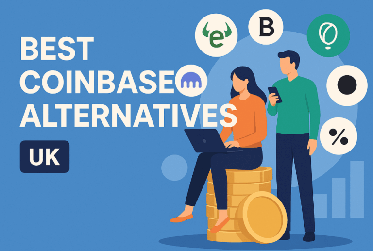 Illustration showing best Coinbase alternatives in the UK with crypto exchange logos and people using digital currency platforms