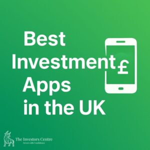 Green gradient background with white text 'Best Investment Apps in the UK' and smartphone icon showing pound symbol representing UK investment apps. with TIC Bull logo.