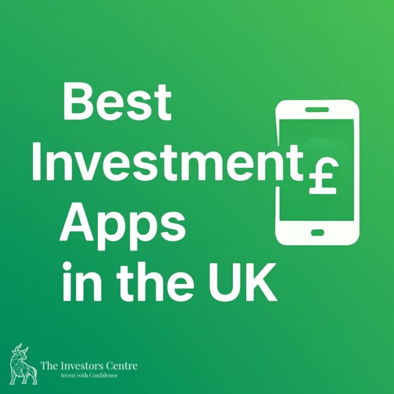 Green gradient background with white text 'Best Investment Apps in the UK' and smartphone icon showing pound symbol representing UK investment apps. with TIC Bull logo.