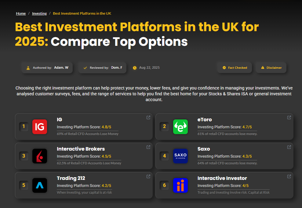 Best investment platforms in the UK for 2025 ranked comparison including IG, eToro, Interactive Brokers, Saxo, Trading 212, and Interactive Investor with platform scores and risk warnings