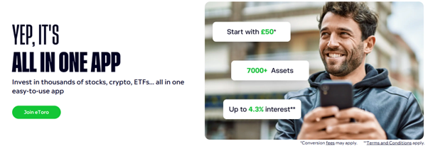 eToro app promotion highlighting &pound;50 starting deposit, 7000+ assets, and up to 4.3 percent interest