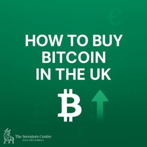 Square green gradient background with white text 'How to Buy Bitcoin in the UK', Bitcoin logo, upward arrow, and subtle cryptocurrency icons including pound and euro symbols. With TIC Bull Logo.