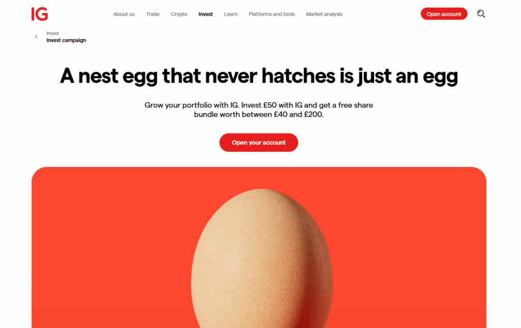 IG Invest campaign webpage with slogan a nest egg that never hatches is just an egg, offering free share bundle for new investors