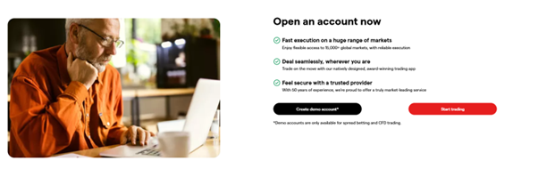 IG broker account opening page showing benefits like fast execution, global markets, and secure trading