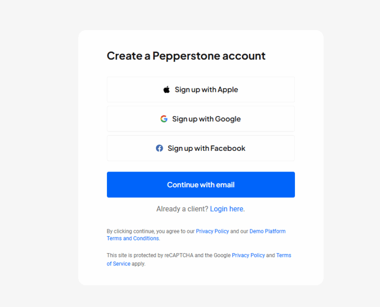 Pepperstone account signup page with options to register using Apple, Google, Facebook, or email.