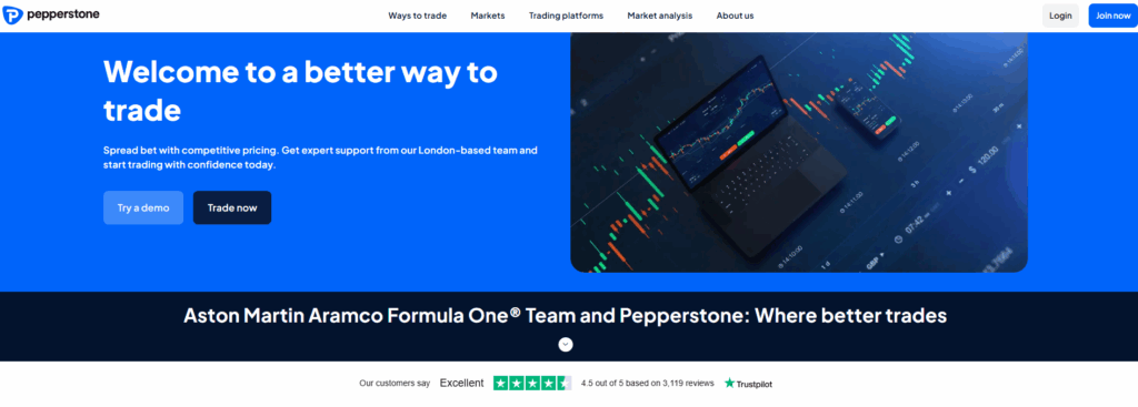 Pepperstone trading platform webpage promoting better way to trade with laptop and stock charts