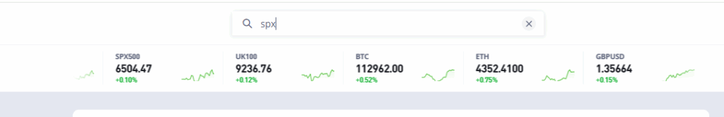 SPX500, UK100, Bitcoin, Ethereum and GBP/USD live market quotes with price changes and performance charts