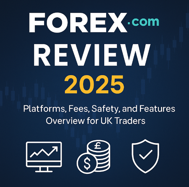 FOREX.com review 2025 banner showing platforms, fees, safety, and features overview for UK traders