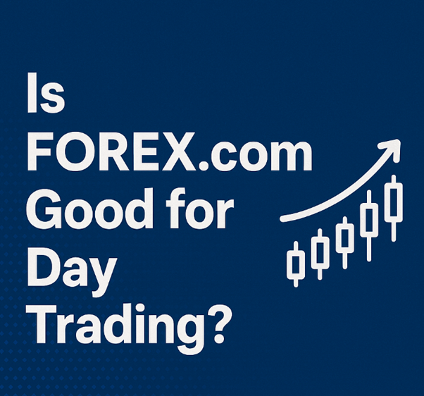 Is FOREX.com good for day trading? Graphic with candlestick chart and upward arrow trend.