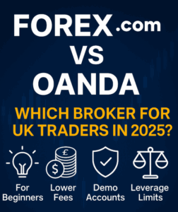 FOREX.com vs Oanda comparison banner for UK traders 2025 highlighting fees, demo accounts, and leverage limits
