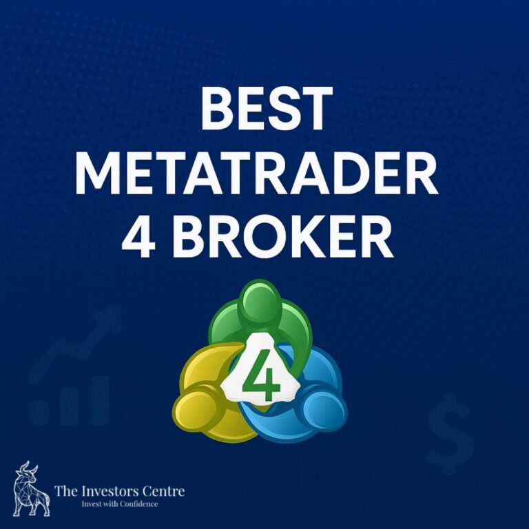 Dark navy background with bold white text 'Best MetaTrader 4 Broker', featuring the colorful MetaTrader 4 logo and subtle trading chart and dollar symbols, with TIC Bull Logo,