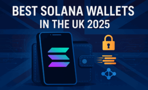 Digital illustration showing a Solana logo on a mobile wallet with the UK flag background, representing the best Solana wallets for UK investors in 2025.