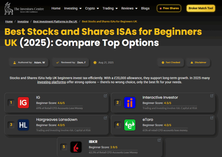 Comparison of the best stocks and shares ISA platforms in the UK for 2025, featuring IG, Interactive Investor, eToro, and more for beginners.