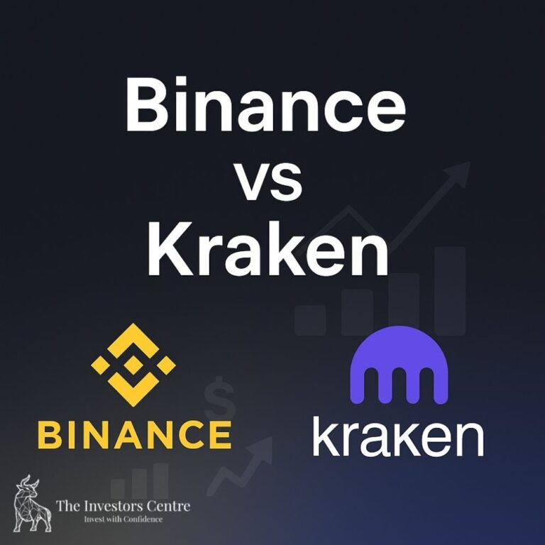 Dark navy to gray gradient background with white text 'Binance vs Kraken' positioned top-center, Binance logo (yellow geometric symbol) on left, Kraken logo (purple octopus) on right, subtle muted financial chart icons behind
