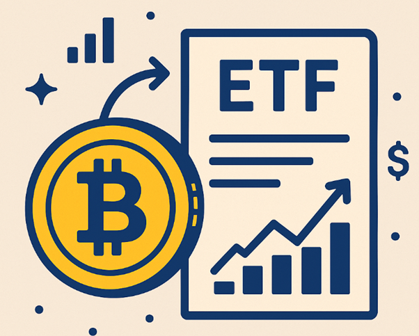 Flat vector illustration of a Bitcoin coin and rising ETF chart, representing Bitcoin exchange-traded fund investment growth.
