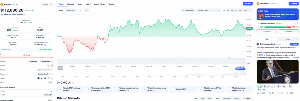 Live Bitcoin price chart and market overview on CoinMarketCap in 2025 showing BTC performance and analytics dashboard