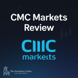 Dark blue gradient background with white text 'CMC Markets Review', featuring CMC Markets logo and subtle financial icons like charts, upward arrows, and currency symbols. With investor centre bull logo,