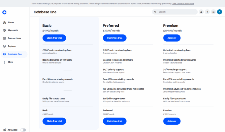 Coinbase One membership pricing plans showing Basic, Preferred, and Premium tiers with trading fee benefits and staking rewards