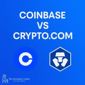 Blue gradient background with white text 'Coinbase vs Crypto.com', featuring Coinbase logo (C in blue circle) and Crypto.com logo (geometric lion in hexagon) below, with TIC BUll Logo,