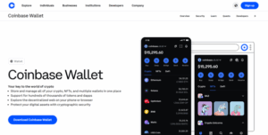 Coinbase Wallet webpage displaying features for storing, managing, and trading Solana and other crypto assets.