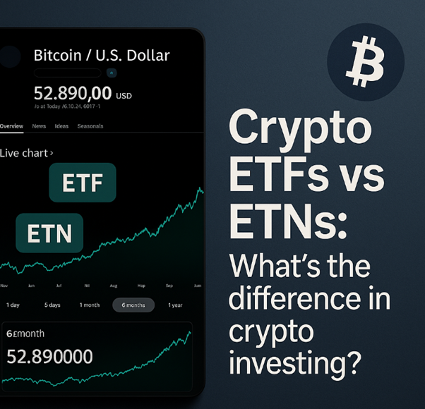 Crypto ETFs vs ETNs comparison graphic showing Bitcoin price chart and investment labels for ETF and ETN in 2025
