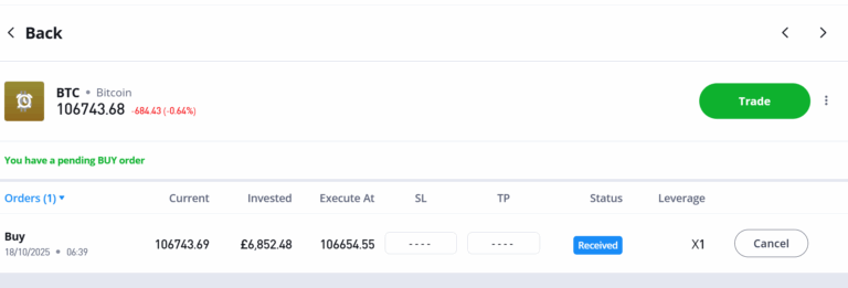eToro trading dashboard showing a pending Bitcoin buy order with order details, execution price, and investment amount.
