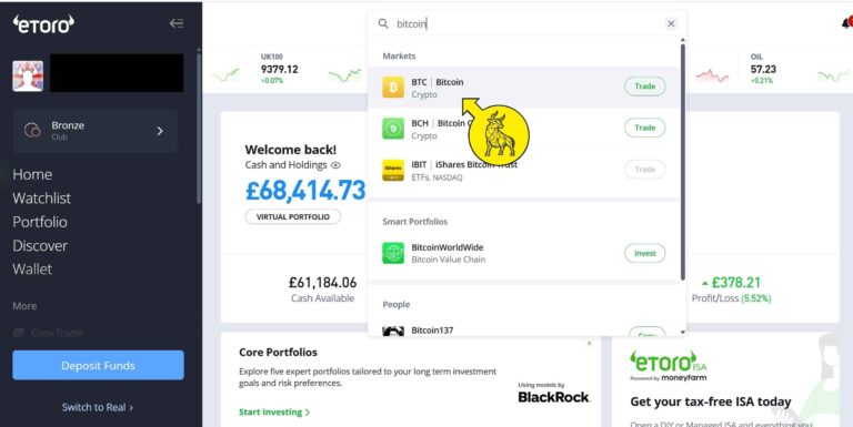 eToro trading interface displaying Bitcoin search results with trade options and user portfolio overview.