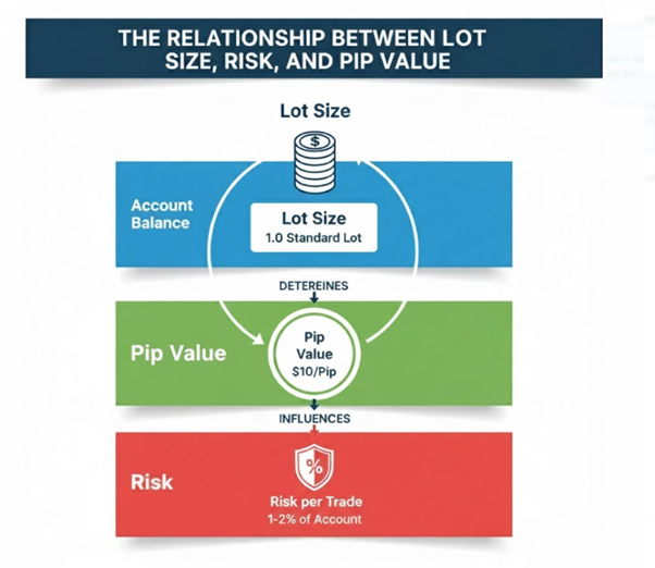 Infographic showing the relationship between lot size, risk, and pip value in forex trading — how account balance and trade size affect risk.