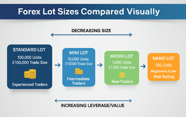 Visual comparison of forex lot sizes including standard, mini, micro, and nano lots with corresponding trade values and trader levels.